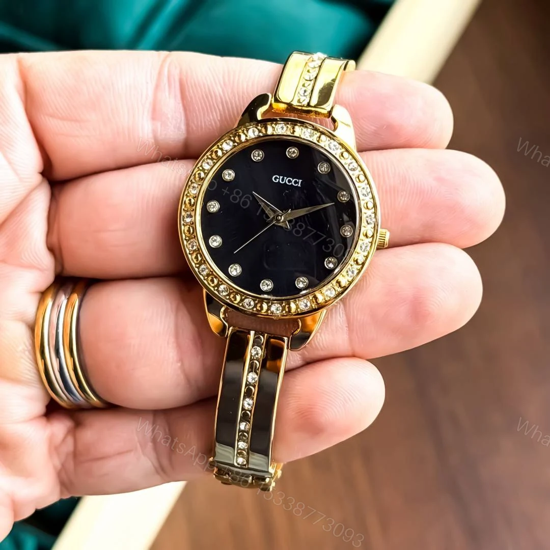 View 3 of First Copy Gucci Diamond Bezel Gold Black Dial Women’s Analog Watch