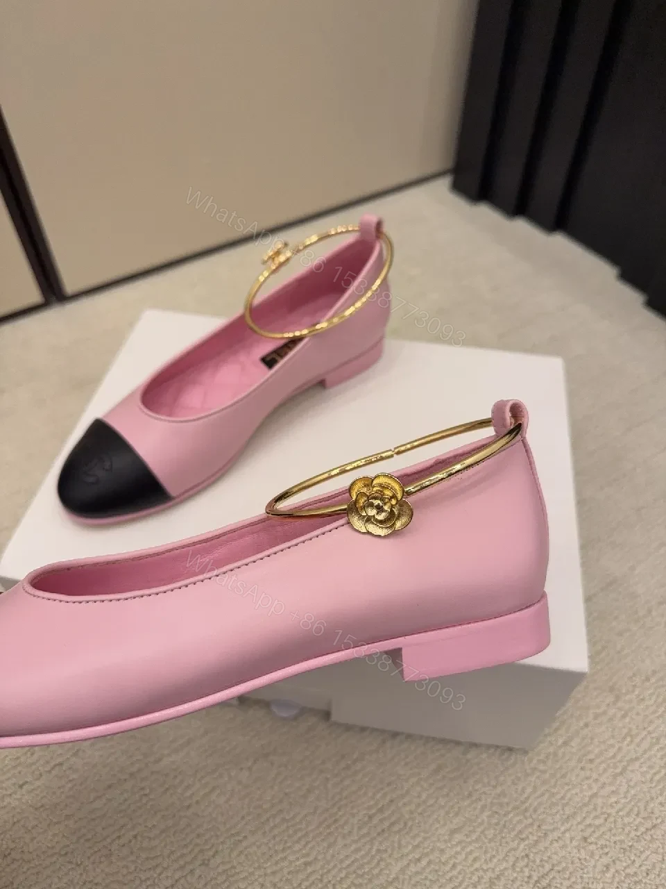 View 4 of Pink Quilted Leather Ballet Flats with Gold Hoop Accent - Cap Toe Detail