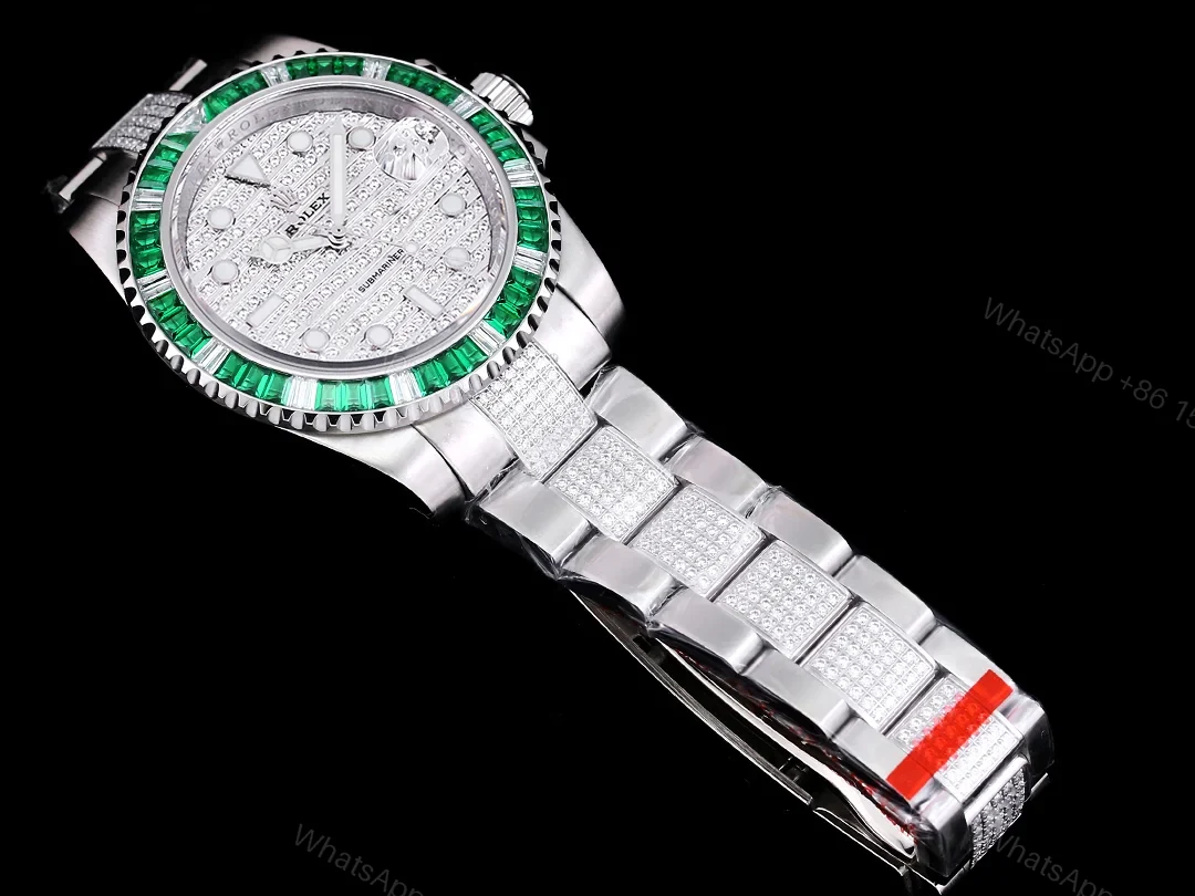 View 4 of Rolex Submariner Green Baguette Diamond Replica 42MM Premium Meteorite Dial Pavé Oyster Bracelet RG-ROLEX-SUB-GREEN-BAGUETTE-42