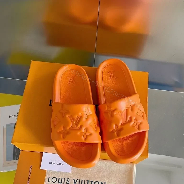 View 4 of Bold Monogram Slides: Orange LV Luxury Comfort Slides