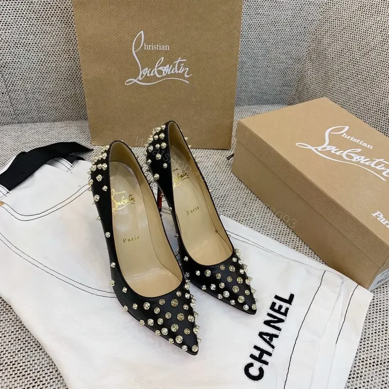 Statement Studded Heels: Pointed Toe, Black Leather, Lux Edge Heels — view 1