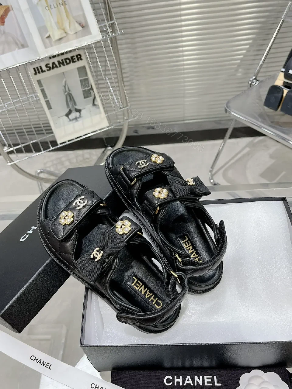 View 2 of Quilted Black Sandal: Pearl-Embellished Chic Comfort Sandal