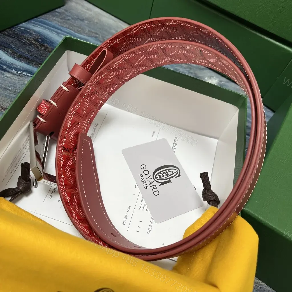 View 7 of Red Leather Belt with Signature Pattern Textile Buckle