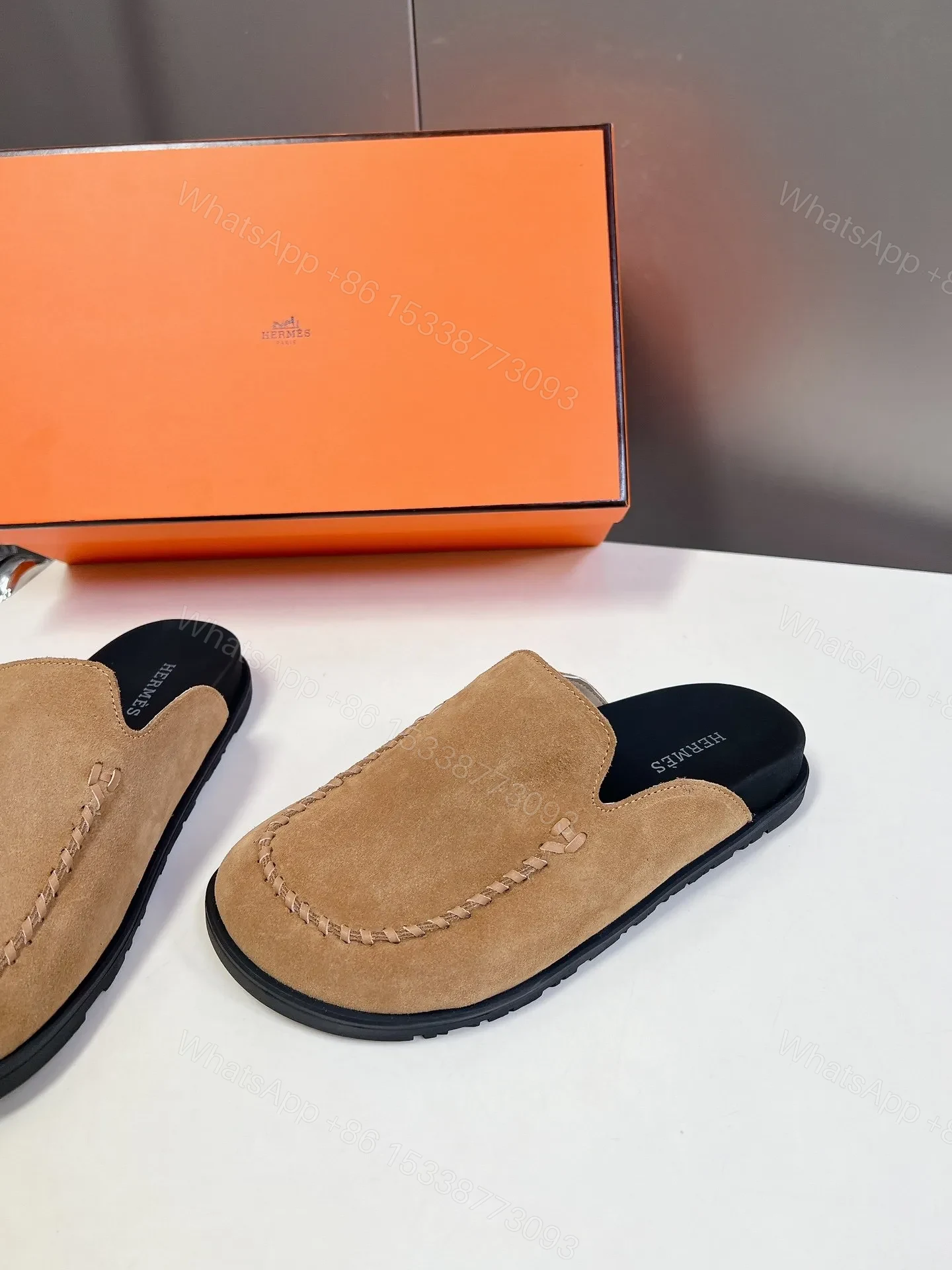 View 4 of Hermes Women Tan Suede Slip On Mules