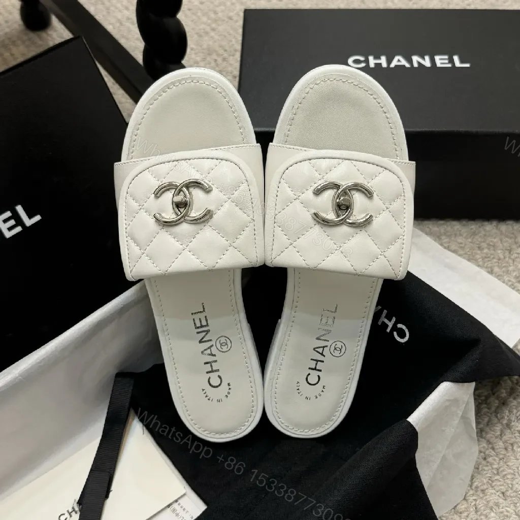 View 6 of Quilted White Leather Slides with Logo Detail, Open-Toe Slide, Luxury Comfort