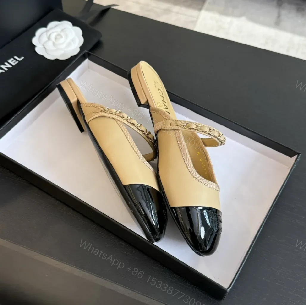 View 2 of Two-Tone Leather Slide with Chain Detail, Luxury Style