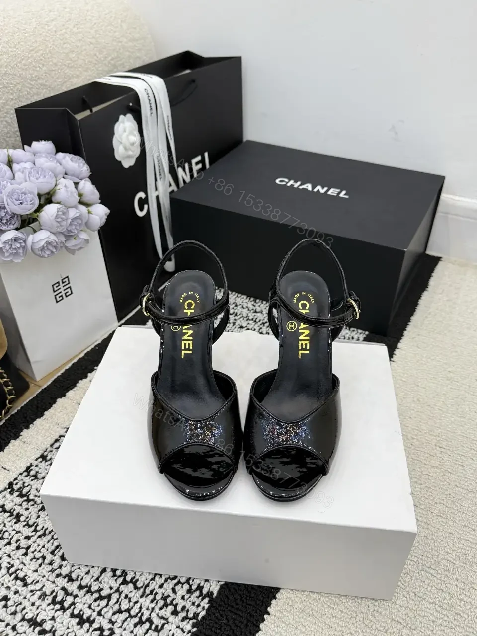 View 3 of Glitter-Accent Patent High-Heel Sandals - Strappy, Open-Toe, Ankle-Glitz