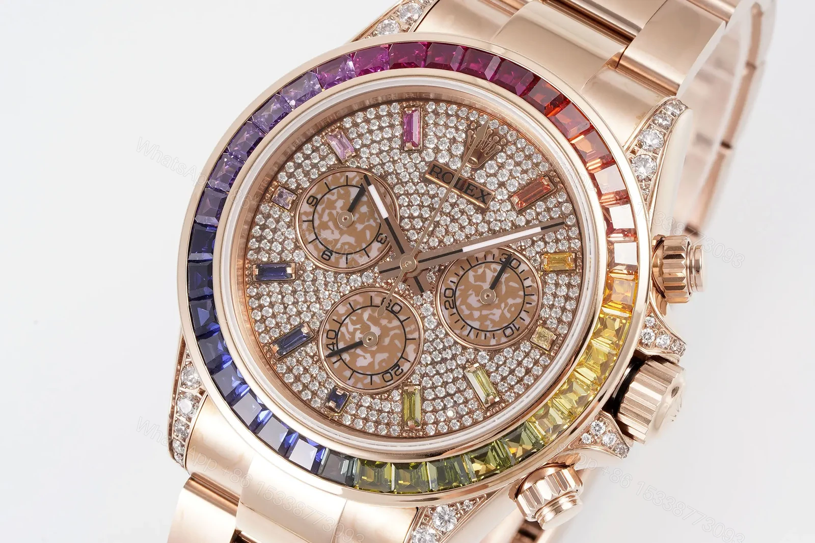 View 2 of Majestic rose gold pavé daytona replica 40MM Rainbow Bezel Edition ROLEX-DAYTONA-PINK-RB-40