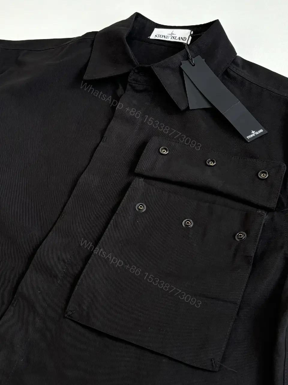 View 3 of Black Cotton Oversized Short-Sleeve Shirt with Pocketed Front, Military Style, Stone Island inspired