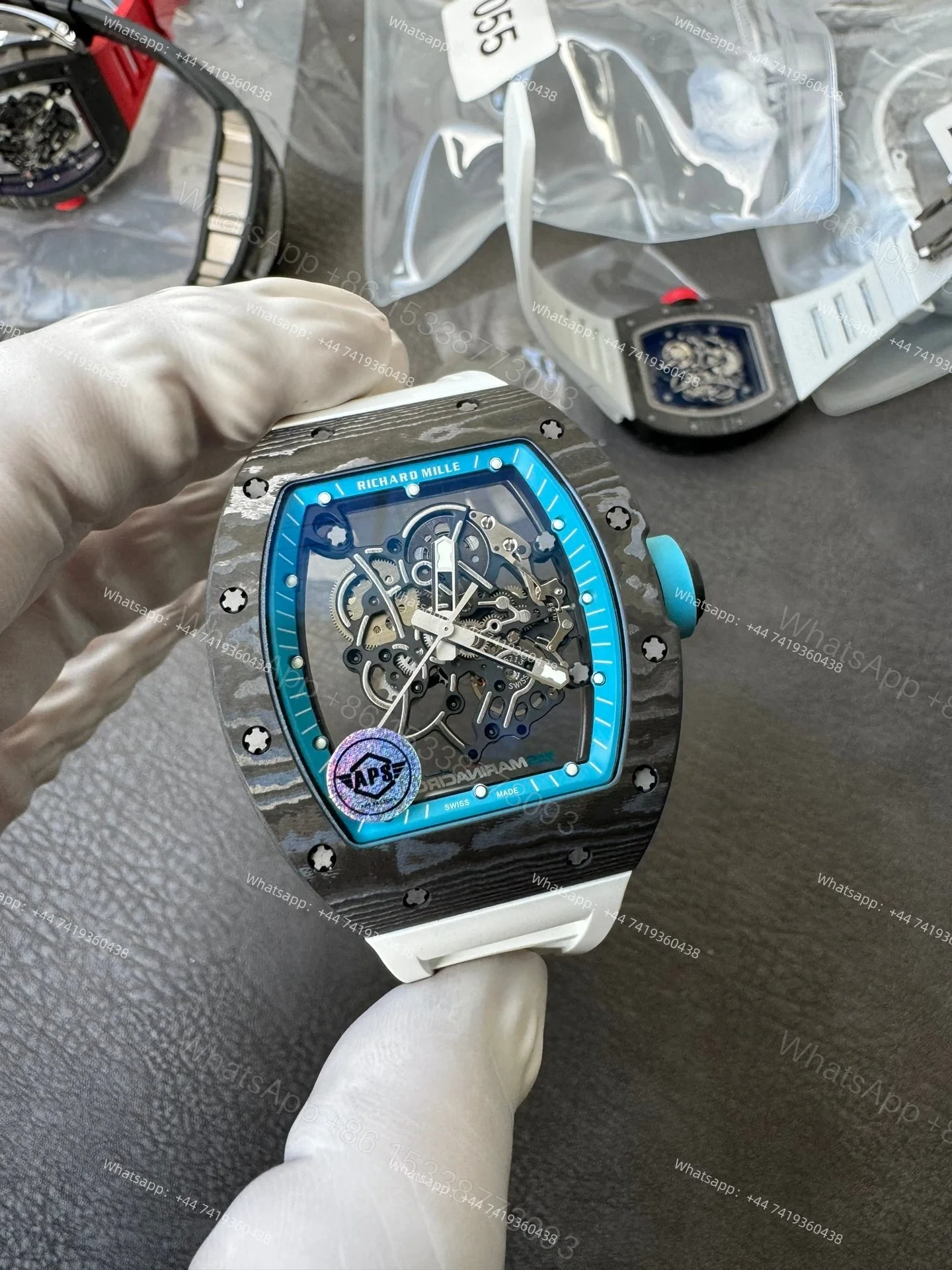 View 7 of Super Clone Richard Mille RM 055 Carbon TPT Blue Inner Bezel White Rubber Strap 1:1 Replica Watch