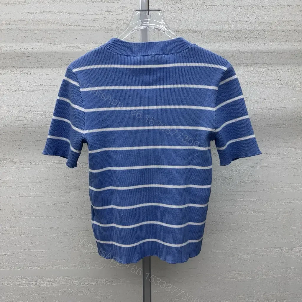 View 11 of Blue Stripes Knit Tee - Elevated Casual Luxury Knit Top