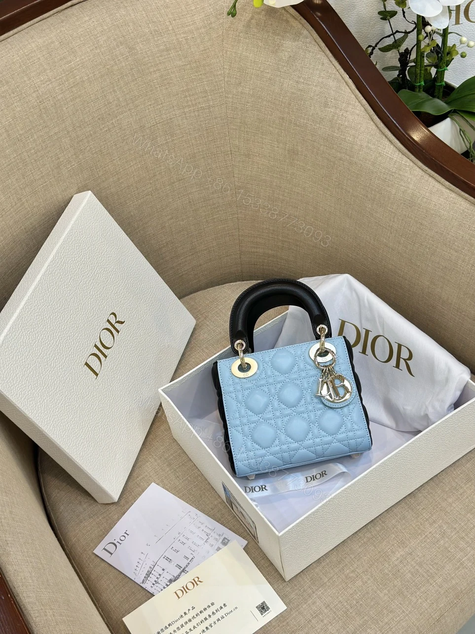View 7 of Dior Lady Mini Handbag for Women Ice Blue Super Quality Cowhide 18cm