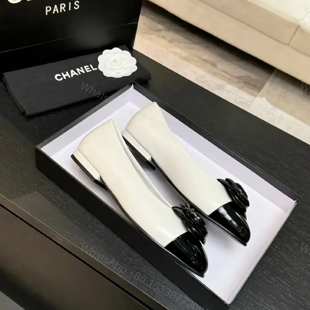 View 4 of Chic White & Black Ballet Flats with Rose Embellishment
