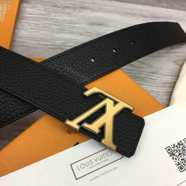 View 4 of Statement Black Pebbled Leather Belt with Gold Buckle - Luxury 38mm Belt