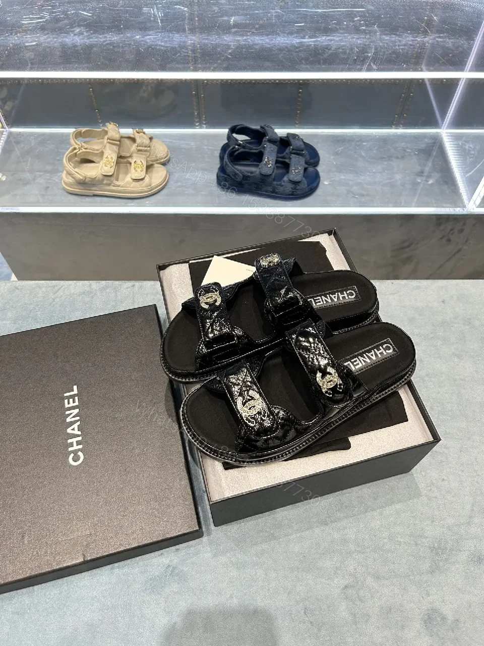 View 2 of Black Crystal-Accent Sandals with Comfort Footbed, Patent Straps, Versatile Style