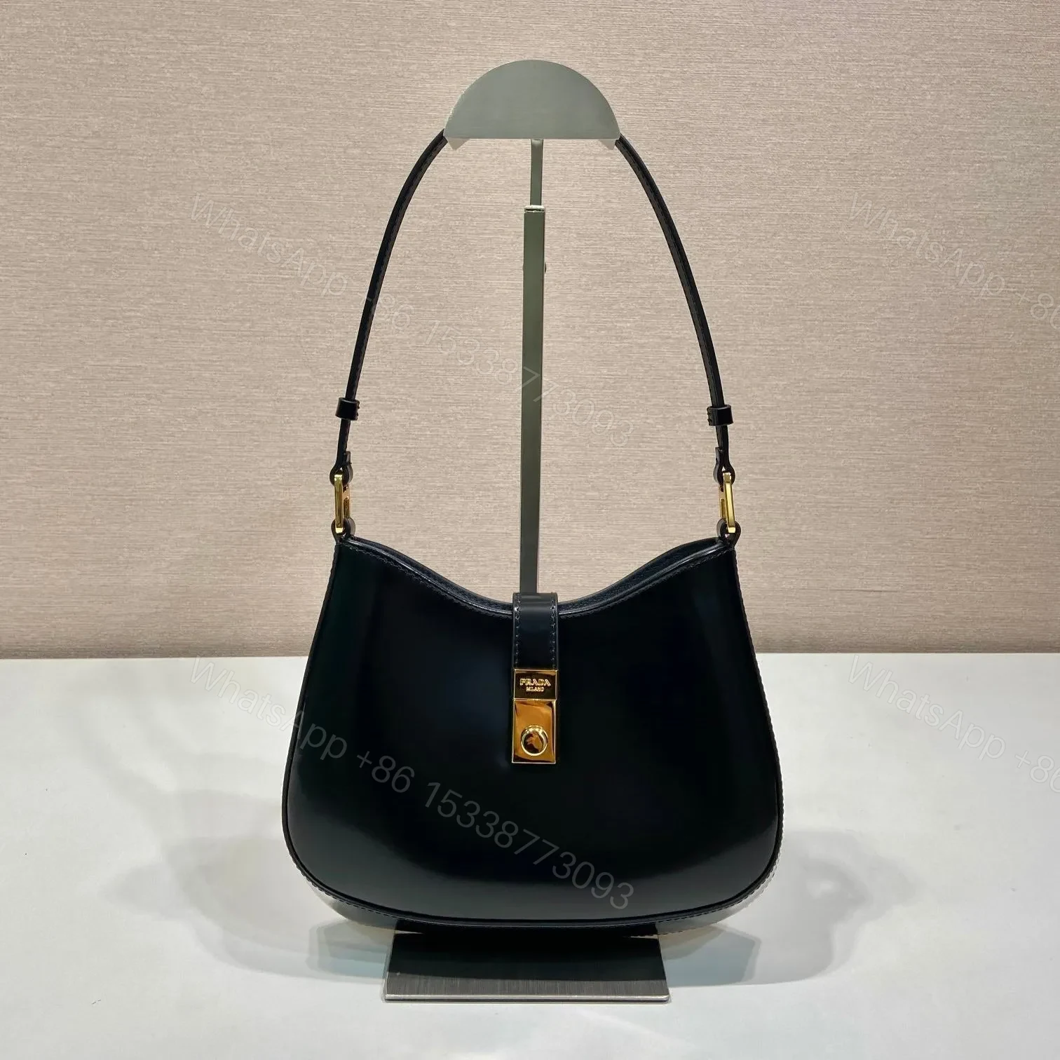PRADA CLEO SHOULDER BAG 22 IN BLACK BRUSHED LAMBSKIN WITH CLASP CLOSURE — view 1