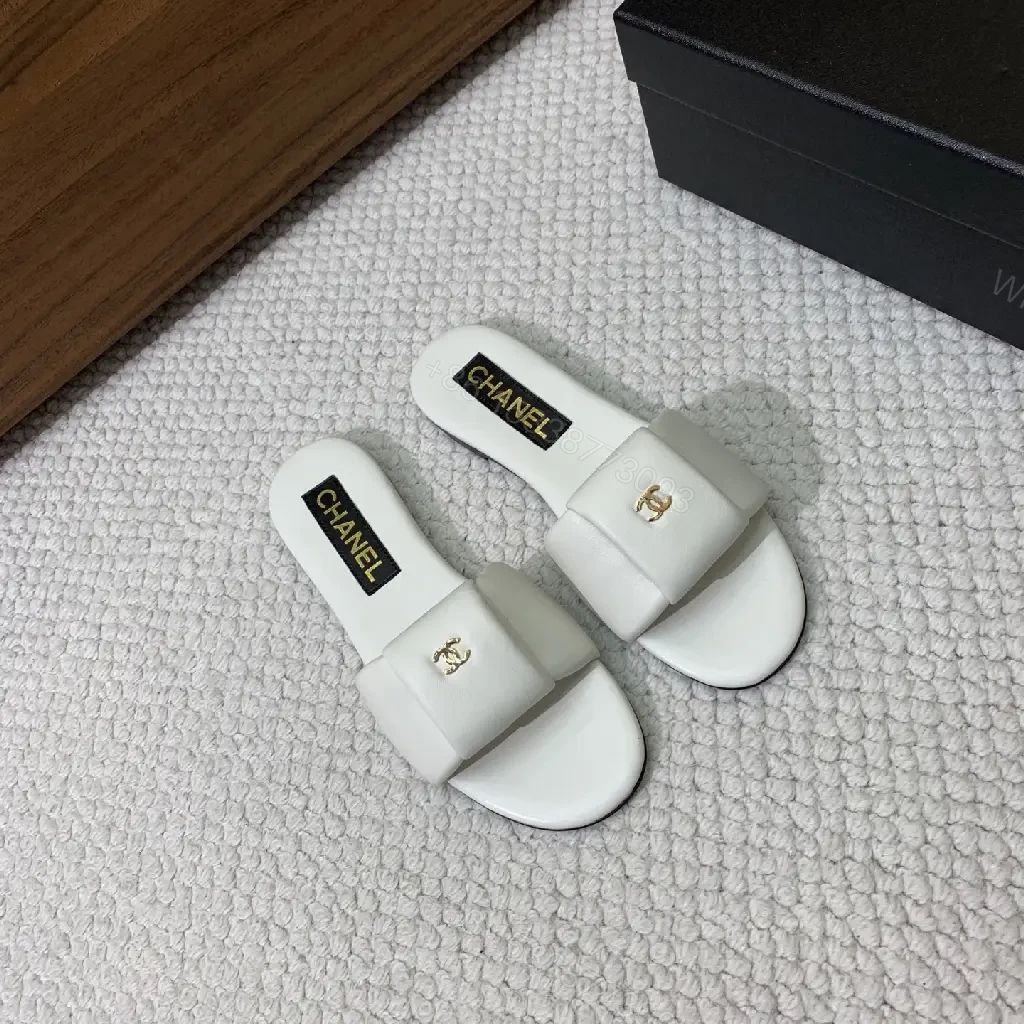 View 8 of White Leather Chanel-Logo Slide Sandals