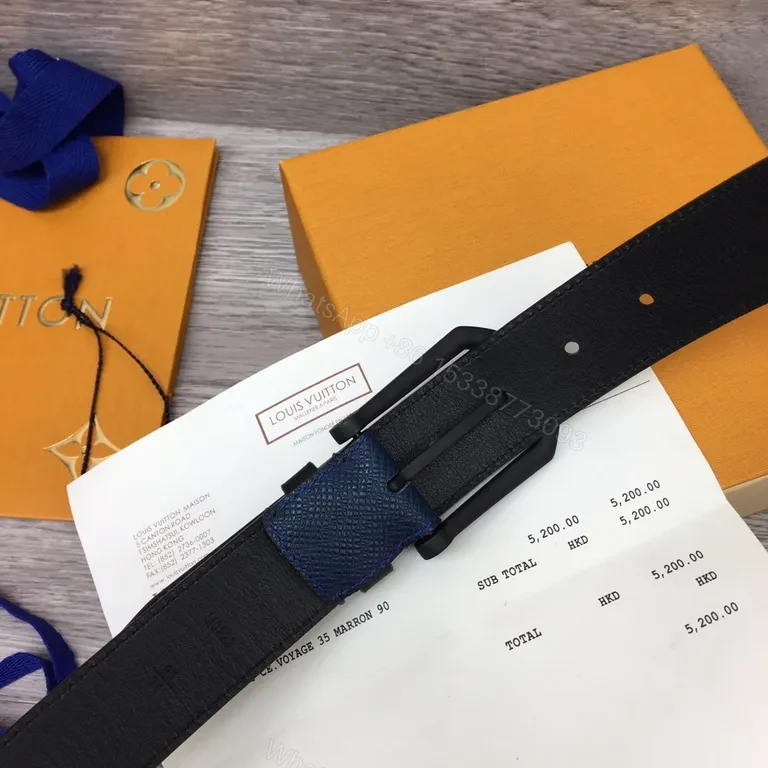 View 2 of Blue Textured Leather Belt â€“ Louis Vuitton Style, 40mm, Gold-Standard Quality