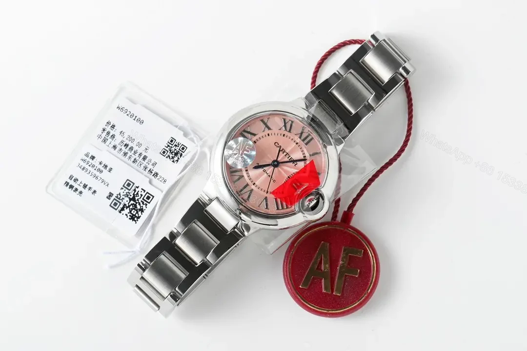 View 9 of KOR Factory Cartier 33mm Blue Balloon Watch – Stainless Steel with Pink Dial and Automatic Movement