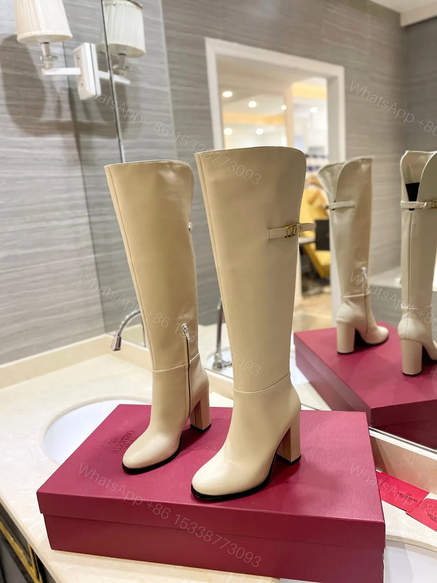 View 3 of Valentino Women Beige Leather Knee High Boots