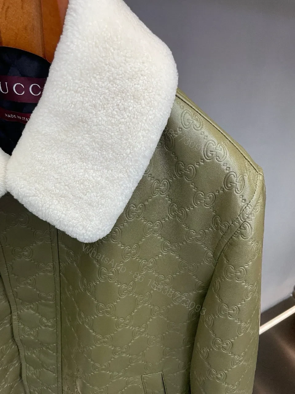 View 6 of Olive Quilted Jacket with Off-White Shearling Collar