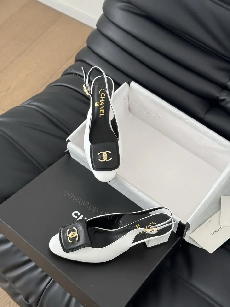 View 4 of Black & White Leather Slingback Pumps, Gold Accent, Square-Toe, Comfort Mid-Heel