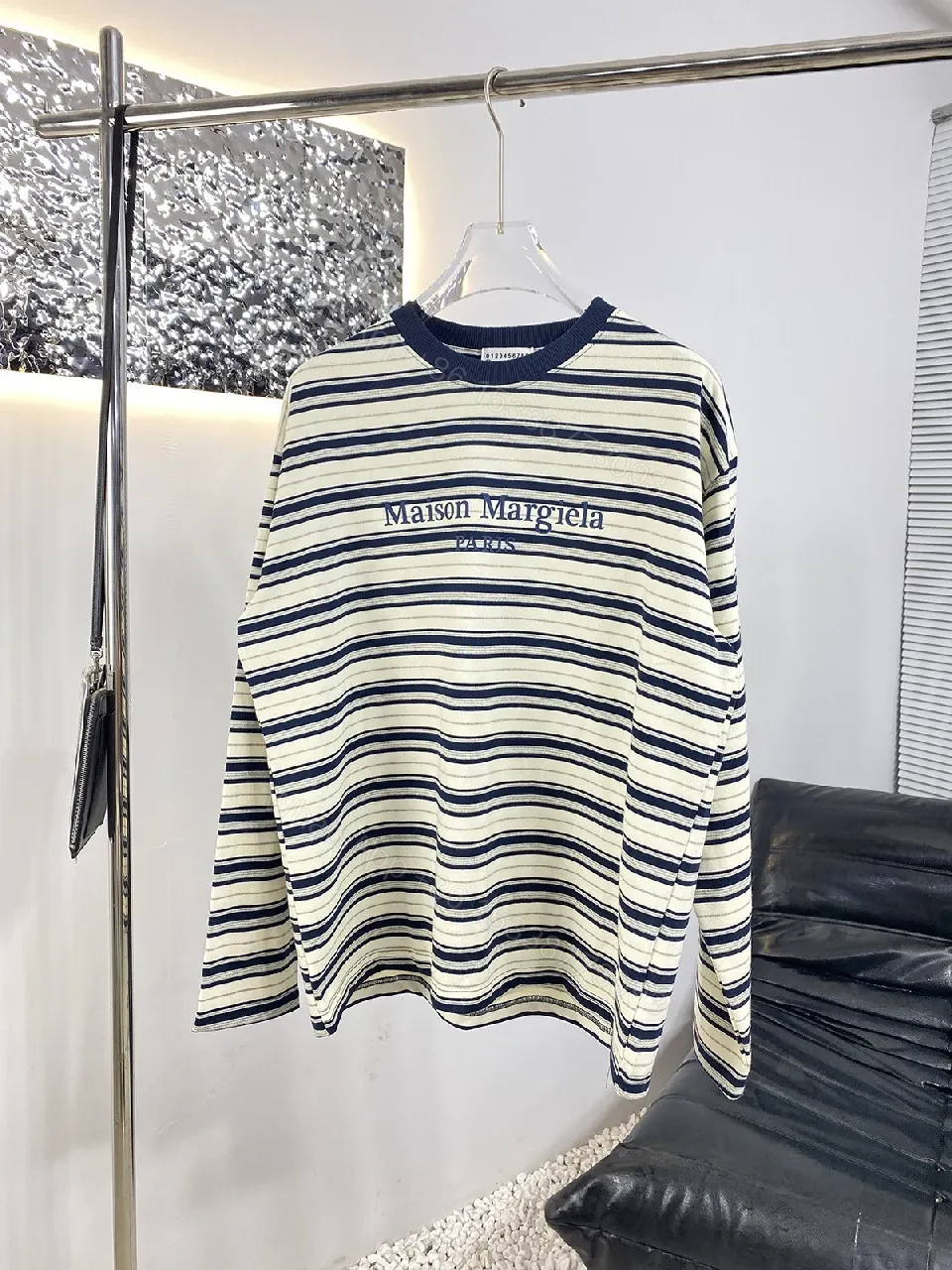 View 4 of Navy Stripe Cotton Crewneck Sweater with Subtle Logo