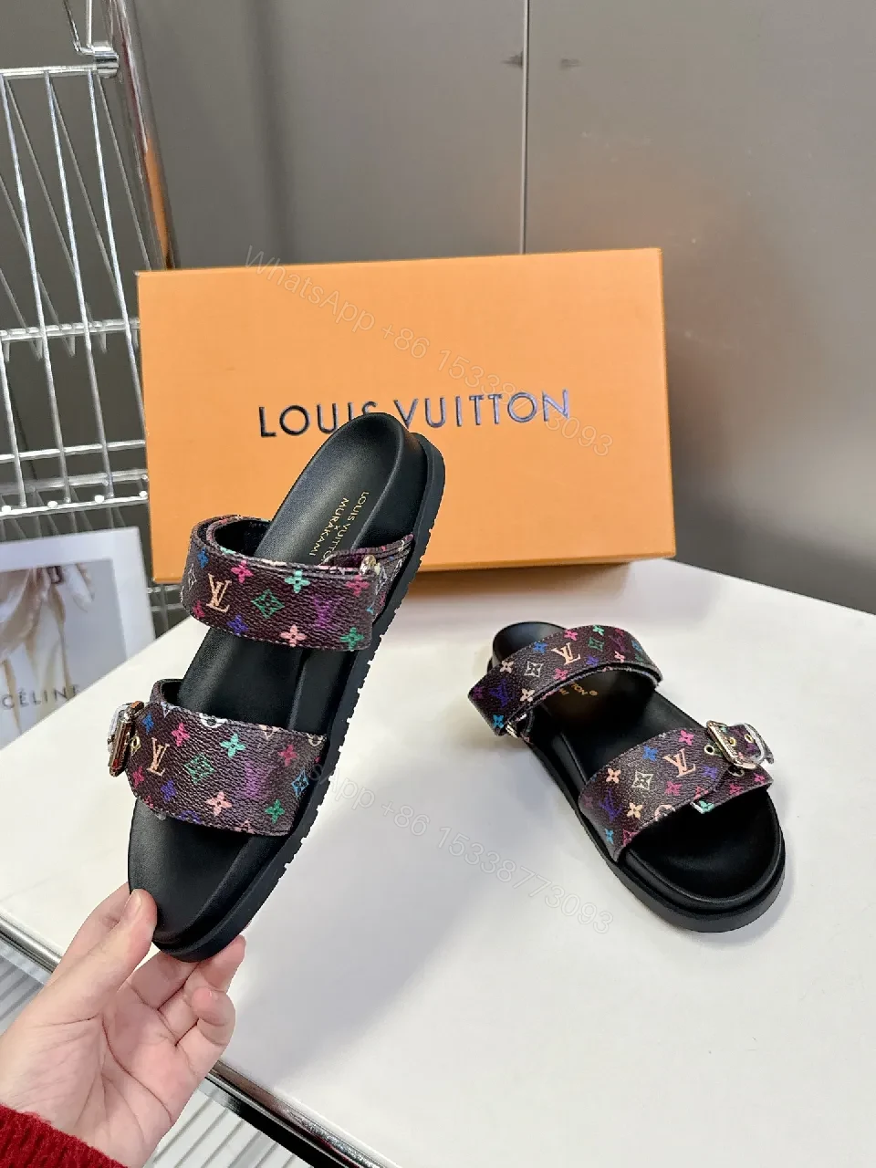 Multicolor Monogram Slides with Velcro Straps — view 1