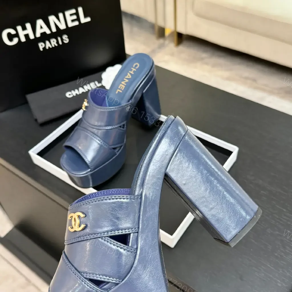 View 5 of Blue Leather Platform Mules with Logo Hardware, Sculpted Heel