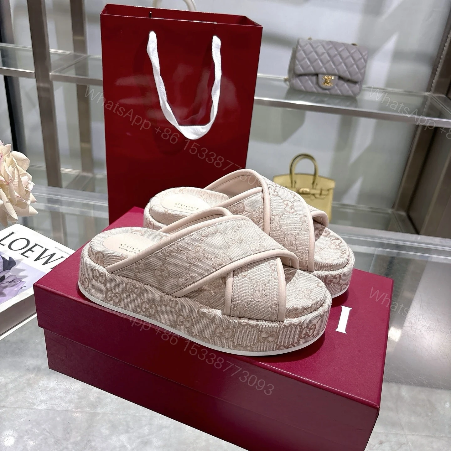 View 2 of GUCCI WOMEN’S GG PLATFORM SANDAL LIGHT PINK 816798 FAD9D 6845