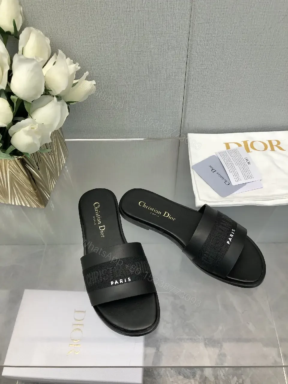 View 10 of Black Satin Strap Slide Paris Logo Sandals - Dior Style
