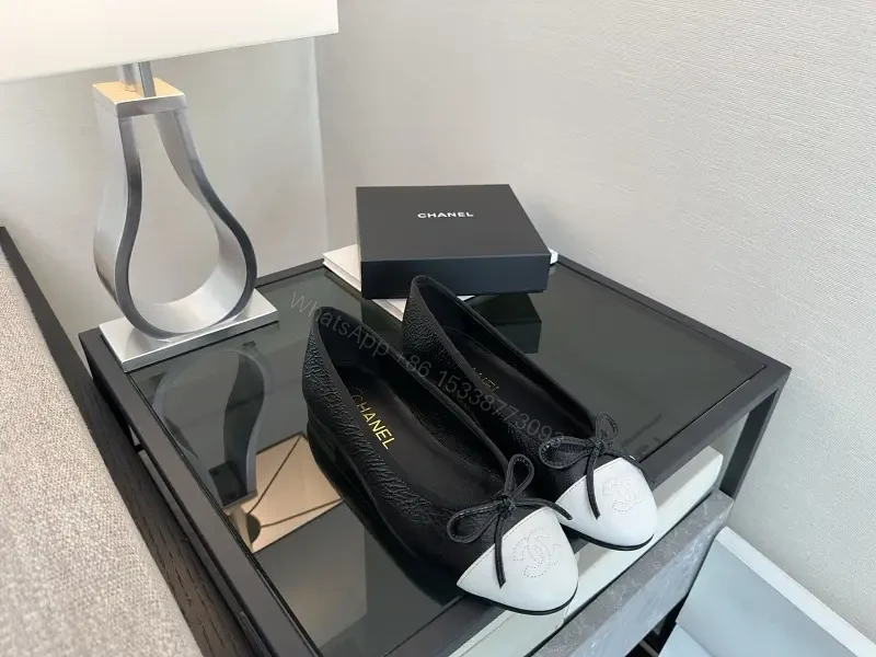 Black Leather Ballet Flats White Toe Cap Classic Iconic Logo Chanel Ballet Shoes — view 1