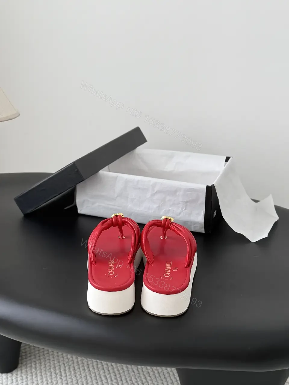 View 8 of Red Satin Flip-Flops with Gold Chanel Logo Student Style Sandals
