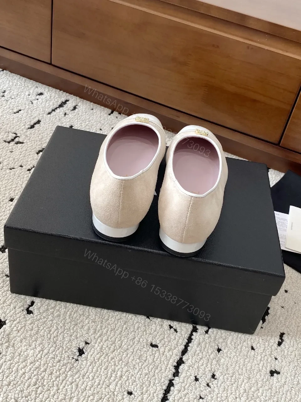 View 7 of Beige Suede Ballet Flats with White Cap Toe and Logo Hardware