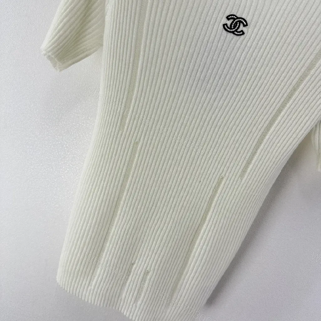 View 5 of Minimalist Ribbed Knit Tee with Subtle Crest Logo - White/Creme, Premium Knit, Crewneck Tee