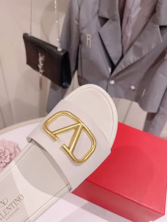 View 2 of Valentino-Style White Leather Slides with Gold Logo Buckle