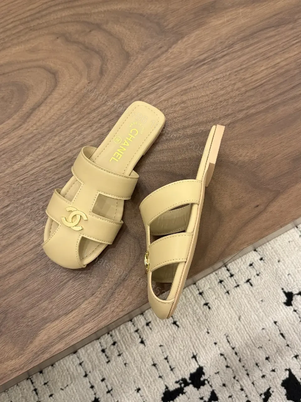 View 7 of Beige Leather Slide Sandals with Chanel Logo, Flat Heel