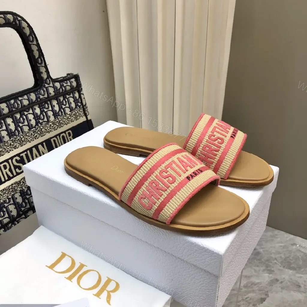 View 5 of Red Striped Straw Summer Sandals with Dior Logo Sliders
