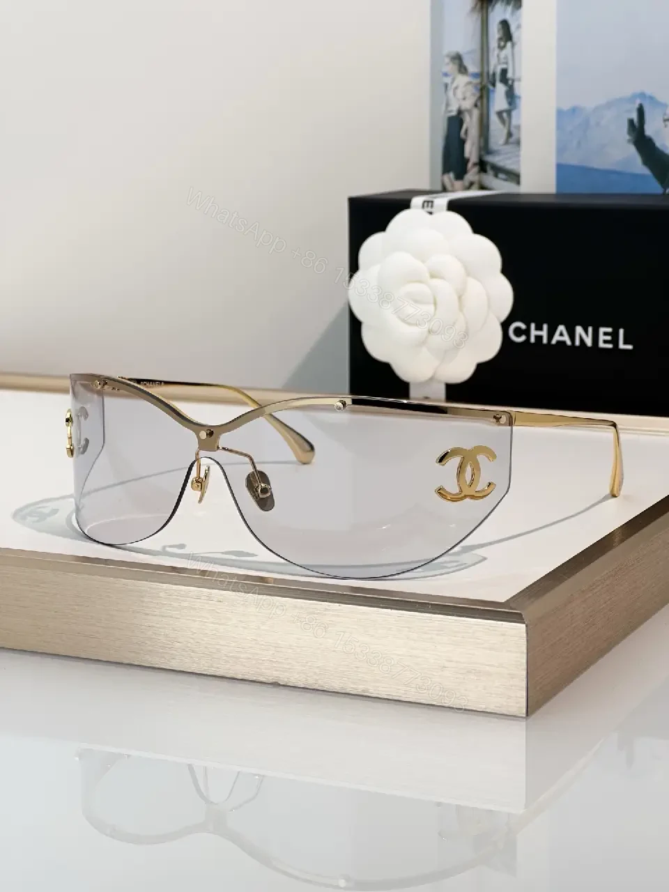 View 8 of Lux Black Gold Shield Sunglasses with Chanel Logo