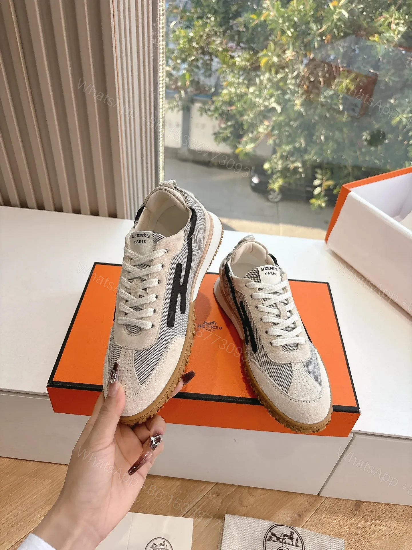 View 6 of Hermes Women White Suede And Mesh Sneakers
