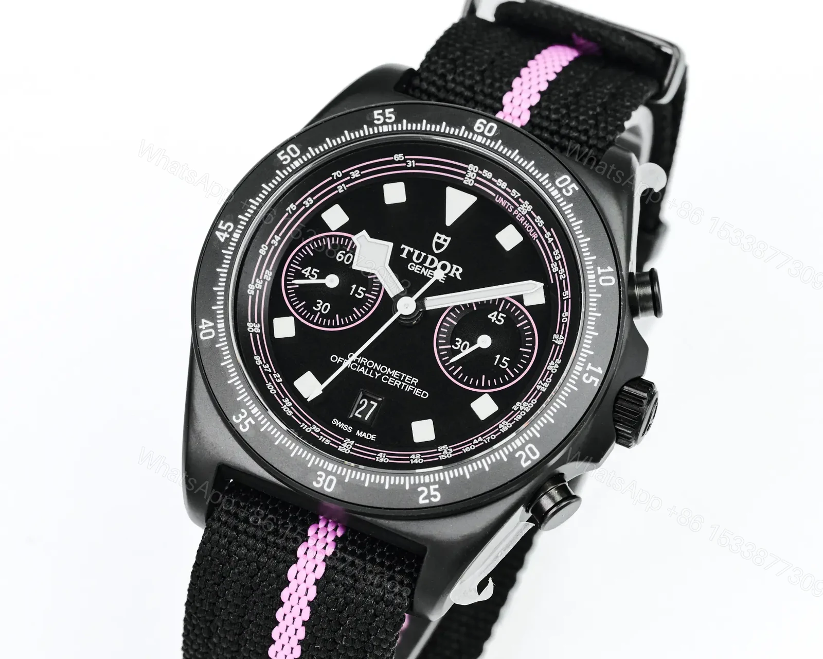 View 3 of Tudor FXD Chronograph Black Dial Pink Stripe Fabric Strap Premium 43MM TUD-FXD-CHRONO-BLK-PNK-FAB-43