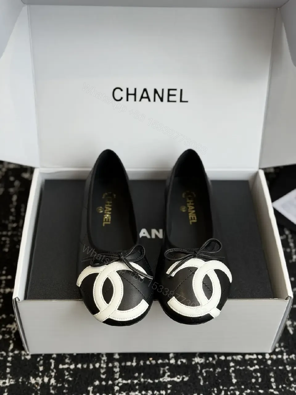 View 4 of Black White Leather Bow Ballet Flats, Classic Chanel Style, Flat Shoes