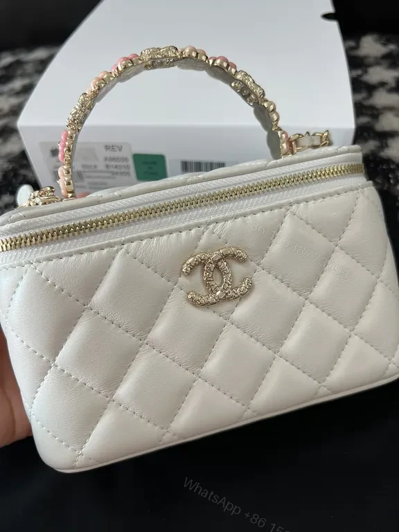View 2 of Chic Quilted Mini Bag with Gold Emblem - White, Faux Leather, Luxe, Compact Luxury Bag