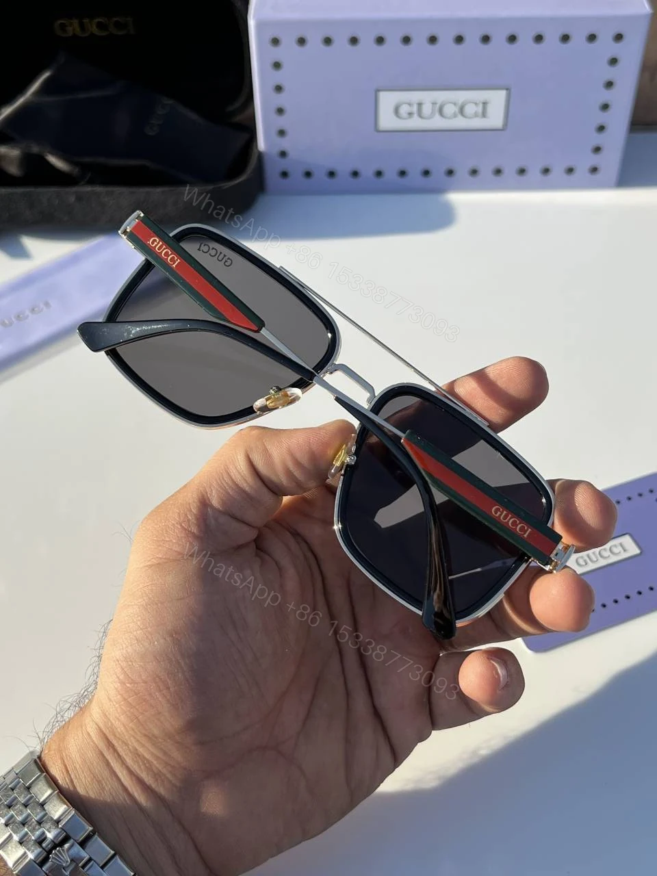 View 4 of First Copy Gucci Navigator Sunglasses Silver Frame Grey Lens