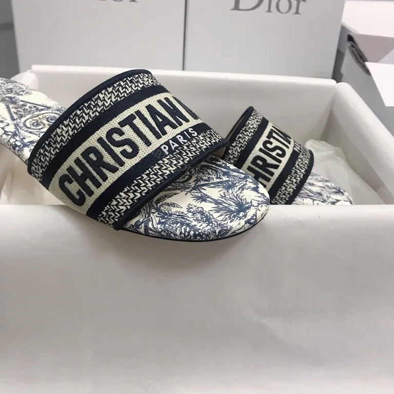 View 5 of Blue-White Patterned Dior Paris Slides - Luxury Everyday Wear