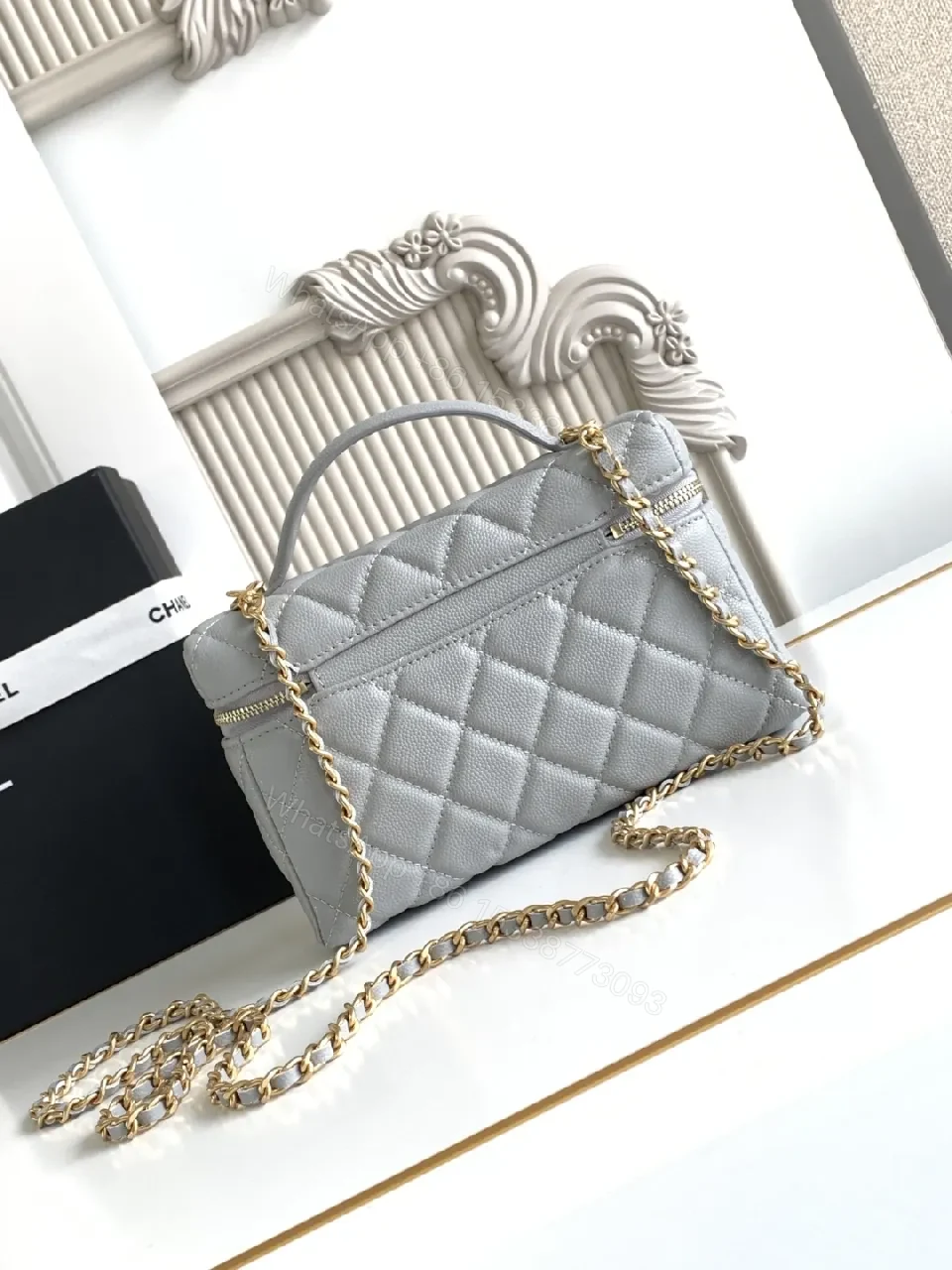 View 2 of Quilted Crossbody Bag with Gold Logo, Gray, Luxe Style