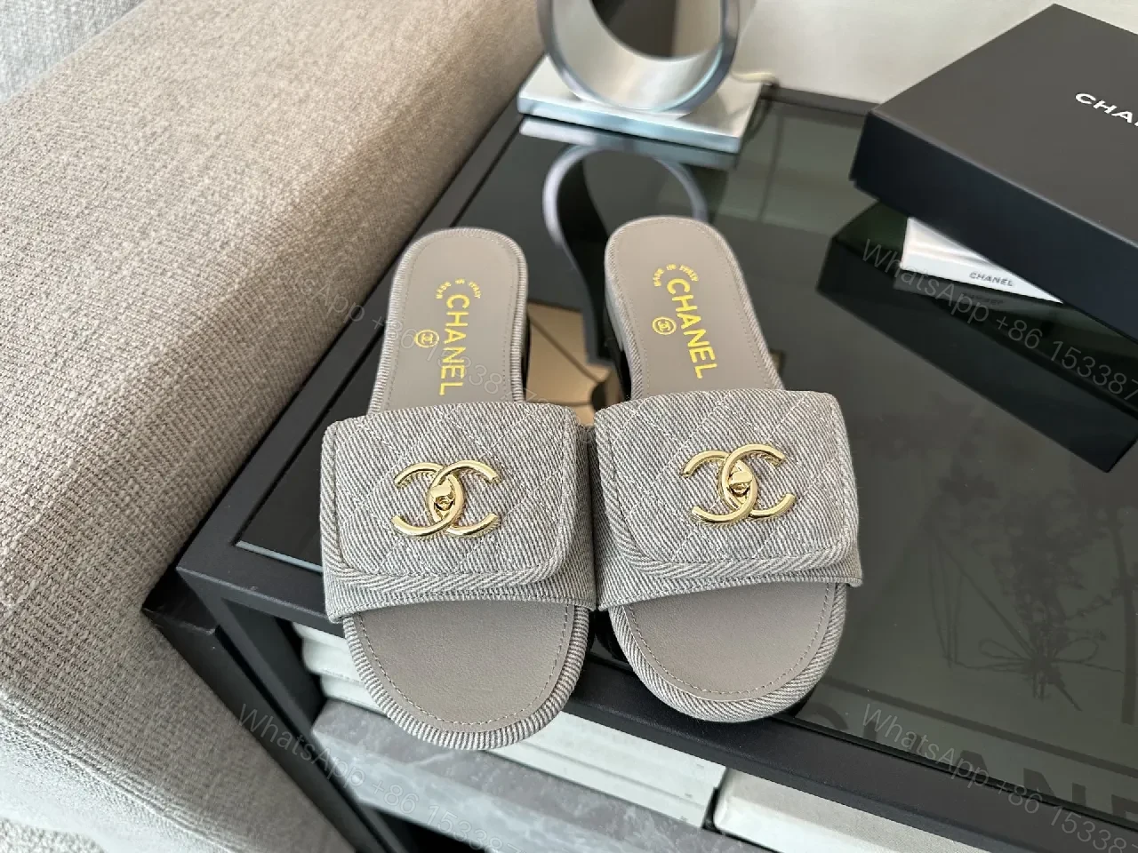 View 5 of Soft Denim Slides + Denim Texture + Minimalist Luxury + Gold Emblem + Slides