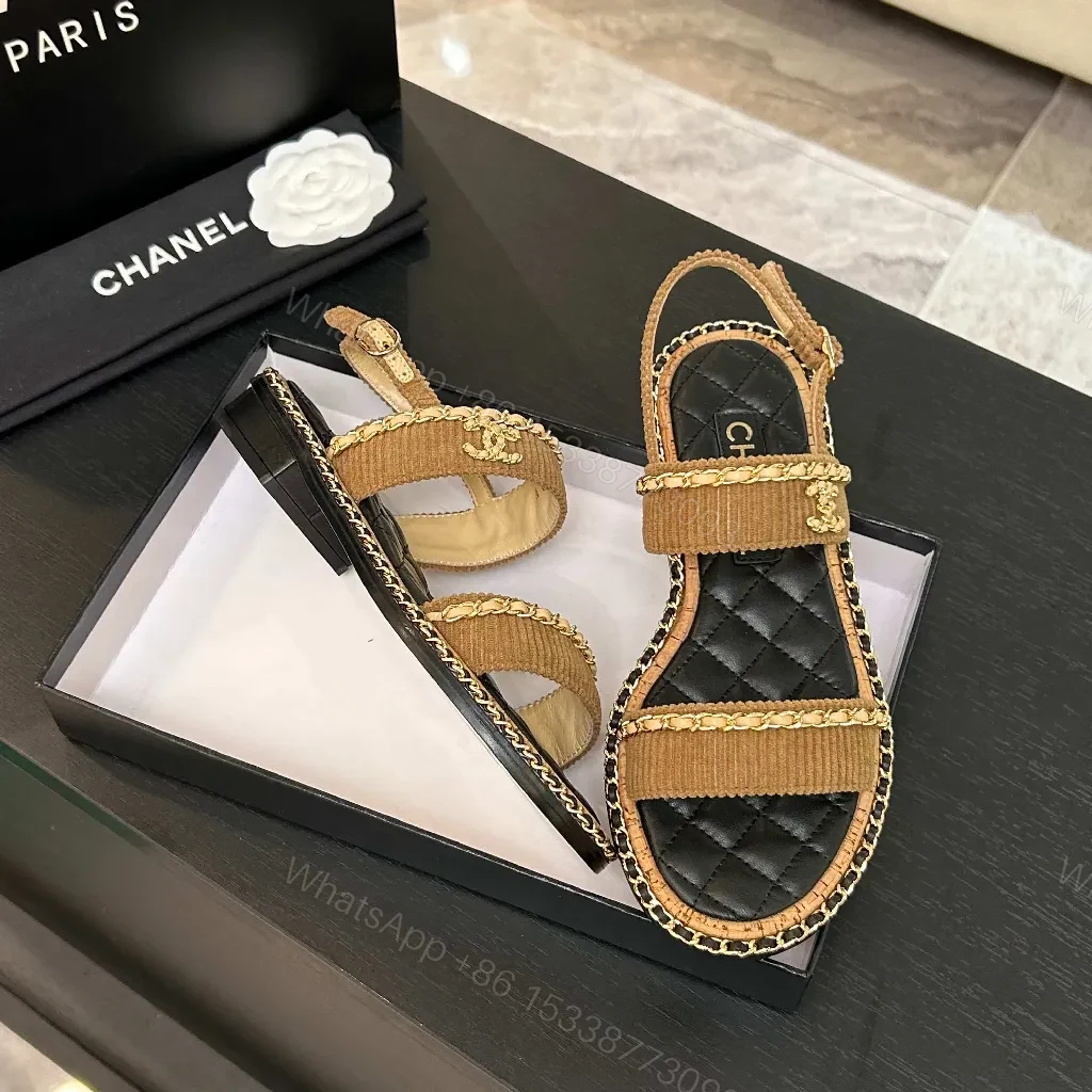 View 8 of Textured Sandals: Quilted Footbed, Gold Chain Detailing, Neutral Tan