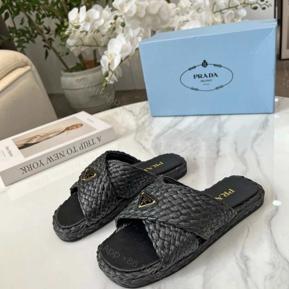 View 3 of PRADA RAFFIA CRISSCROSS SLIDES BLACK 1XX750 027 F0002 F 020