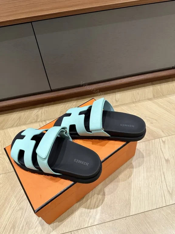 View 2 of Light Blue Leather H-Strap Sandals – Replica Hermes Style